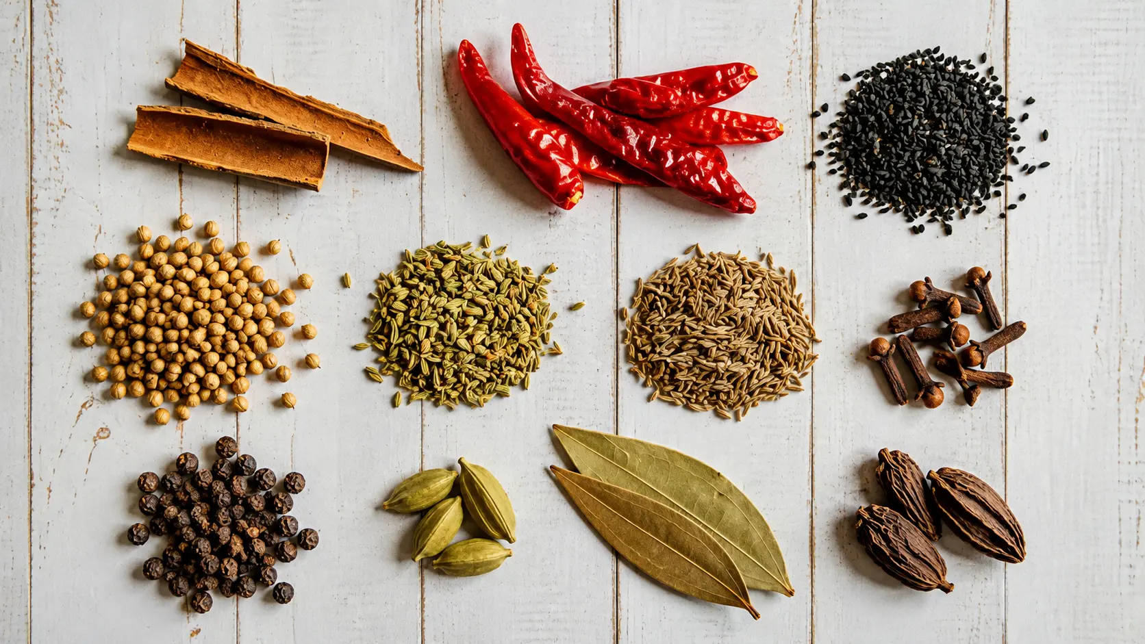 Assorted Indian whole spices including chilli, turmeric, cloves, cardamom and cumin arranged for export