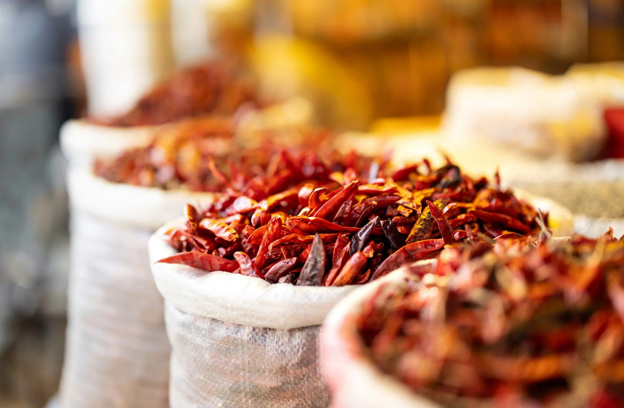 Dried chilli peppers packed in open wholesale bags